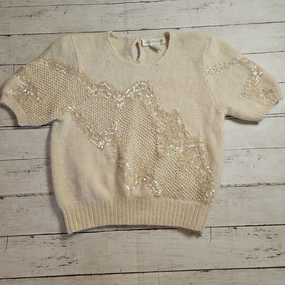 1980s Ann Katrine Short Sleeve Cream Sweater Size‎ Small Angora Lambswool